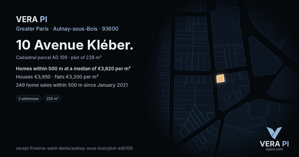 10 Avenue Kléber, Aulnay-sous-Bois at night – the plot lit, the parcels around coloured by the prices near them