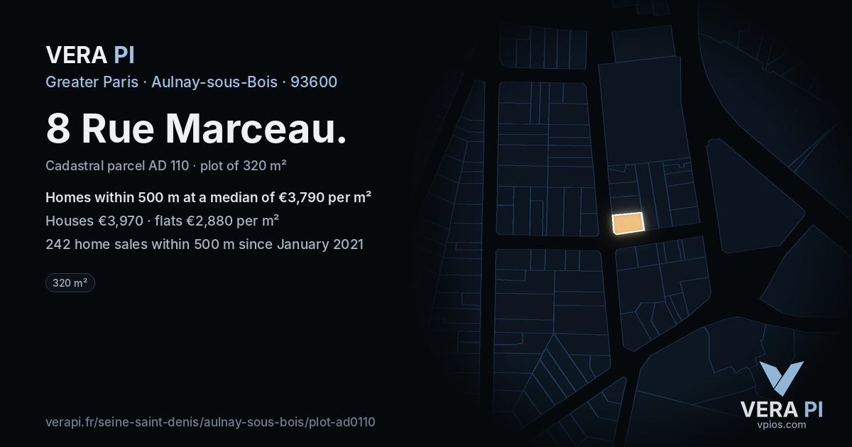8 Rue Marceau, Aulnay-sous-Bois at night – the plot lit, the parcels around coloured by the prices near them