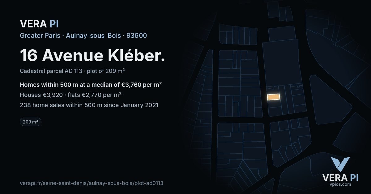 16 Avenue Kléber, Aulnay-sous-Bois at night – the plot lit, the parcels around coloured by the prices near them