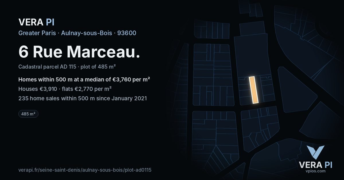 6 Rue Marceau, Aulnay-sous-Bois at night – the plot lit, the parcels around coloured by the prices near them