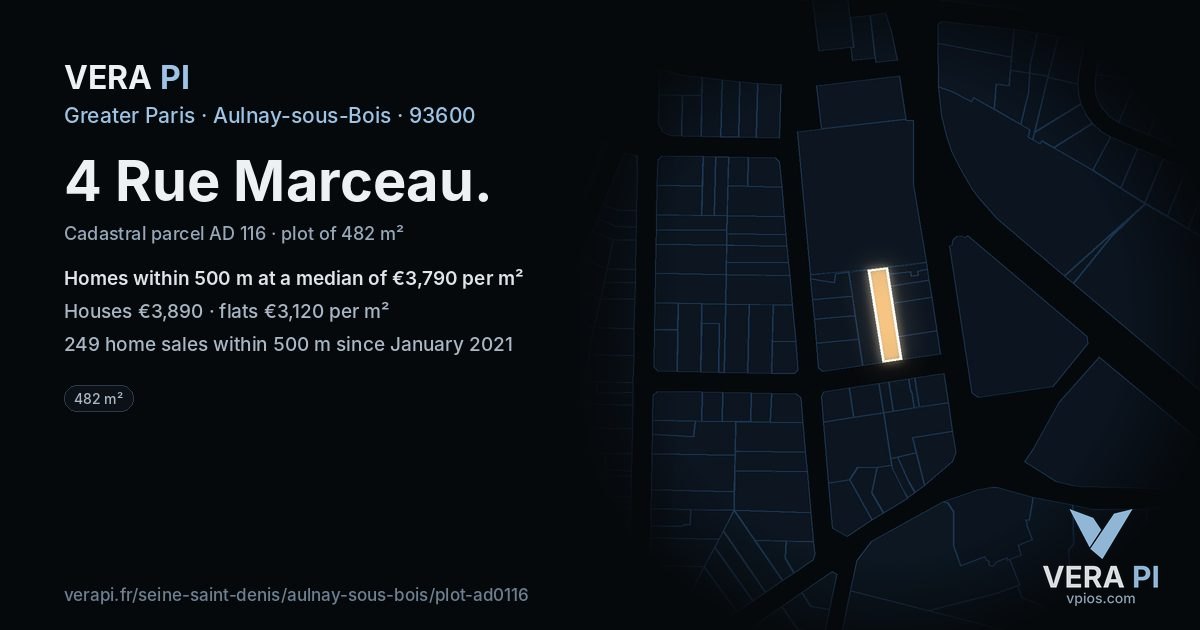4 Rue Marceau, Aulnay-sous-Bois at night – the plot lit, the parcels around coloured by the prices near them