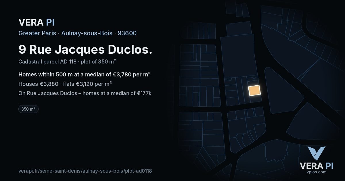 9 Rue Jacques Duclos, Aulnay-sous-Bois at night – the plot lit, the parcels around coloured by the prices near them