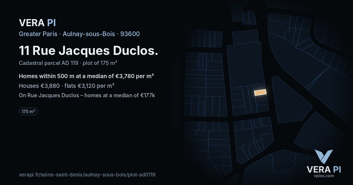 11 Rue Jacques Duclos, Aulnay-sous-Bois at night – the plot lit, the parcels around coloured by the prices near them