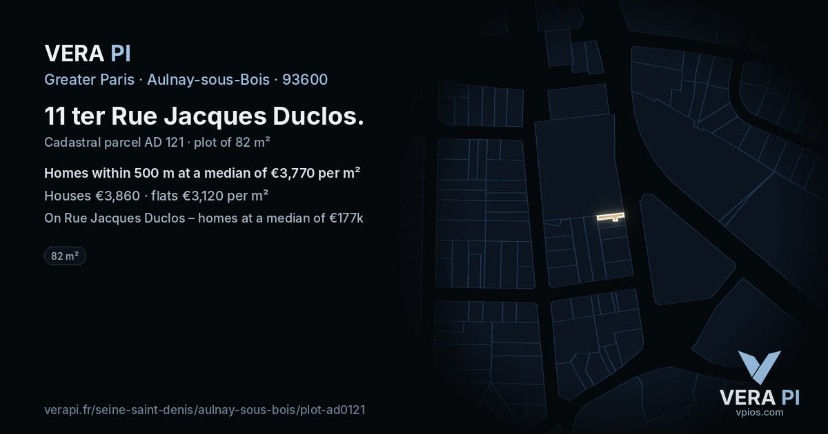 11 ter Rue Jacques Duclos, Aulnay-sous-Bois at night – the plot lit, the parcels around coloured by the prices near them