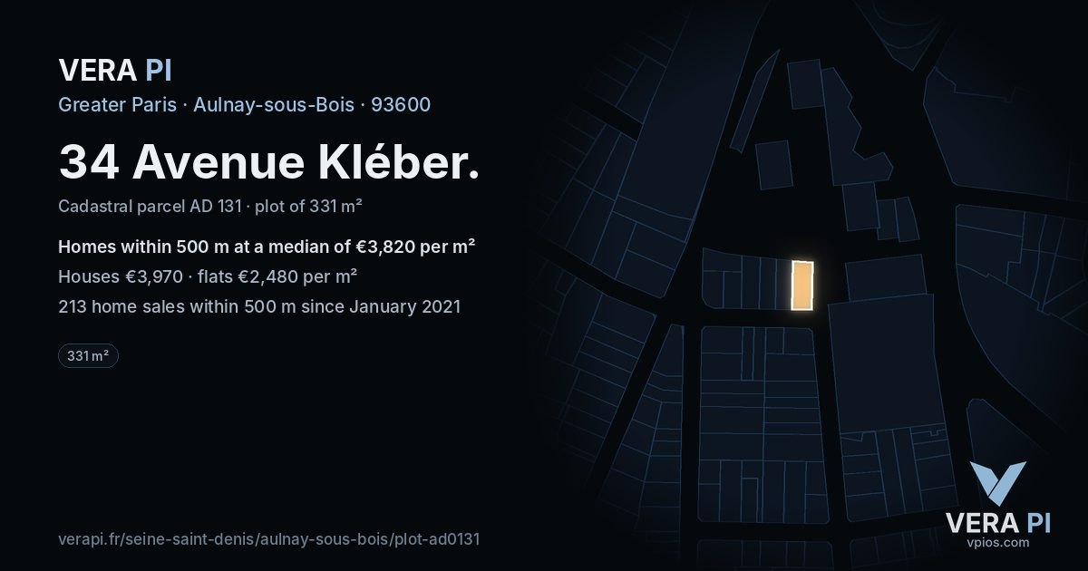 34 Avenue Kléber, Aulnay-sous-Bois at night – the plot lit, the parcels around coloured by the prices near them