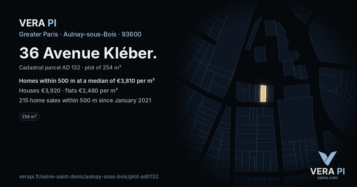 36 Avenue Kléber, Aulnay-sous-Bois at night – the plot lit, the parcels around coloured by the prices near them