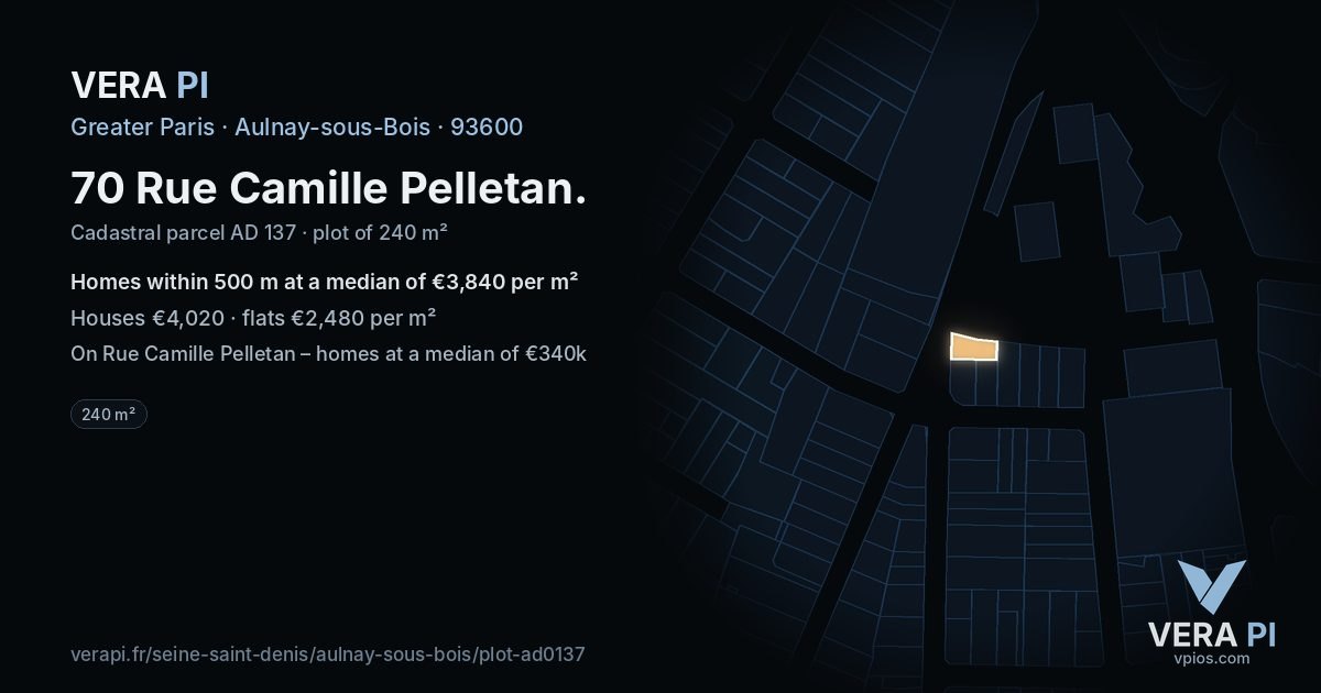 70 Rue Camille Pelletan, Aulnay-sous-Bois at night – the plot lit, the parcels around coloured by the prices near them
