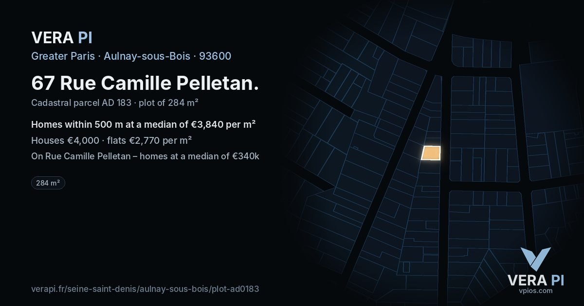 67 Rue Camille Pelletan, Aulnay-sous-Bois at night – the plot lit, the parcels around coloured by the prices near them