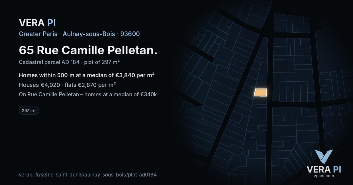 65 Rue Camille Pelletan, Aulnay-sous-Bois at night – the plot lit, the parcels around coloured by the prices near them