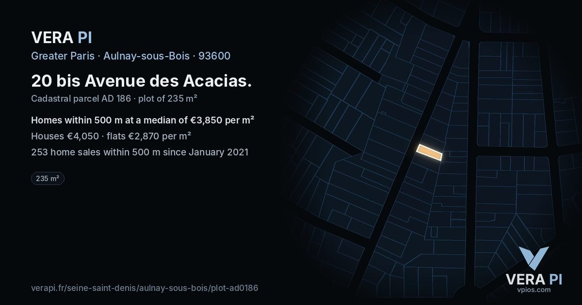 20 bis Avenue des Acacias, Aulnay-sous-Bois at night – the plot lit, the parcels around coloured by the prices near them
