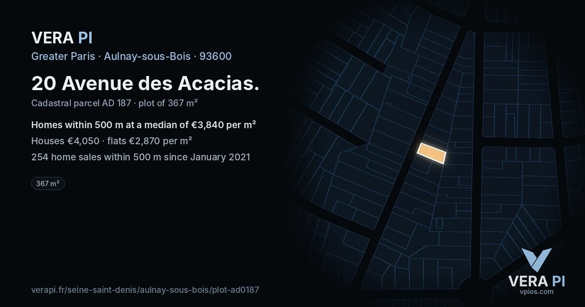 20 Avenue des Acacias, Aulnay-sous-Bois at night – the plot lit, the parcels around coloured by the prices near them