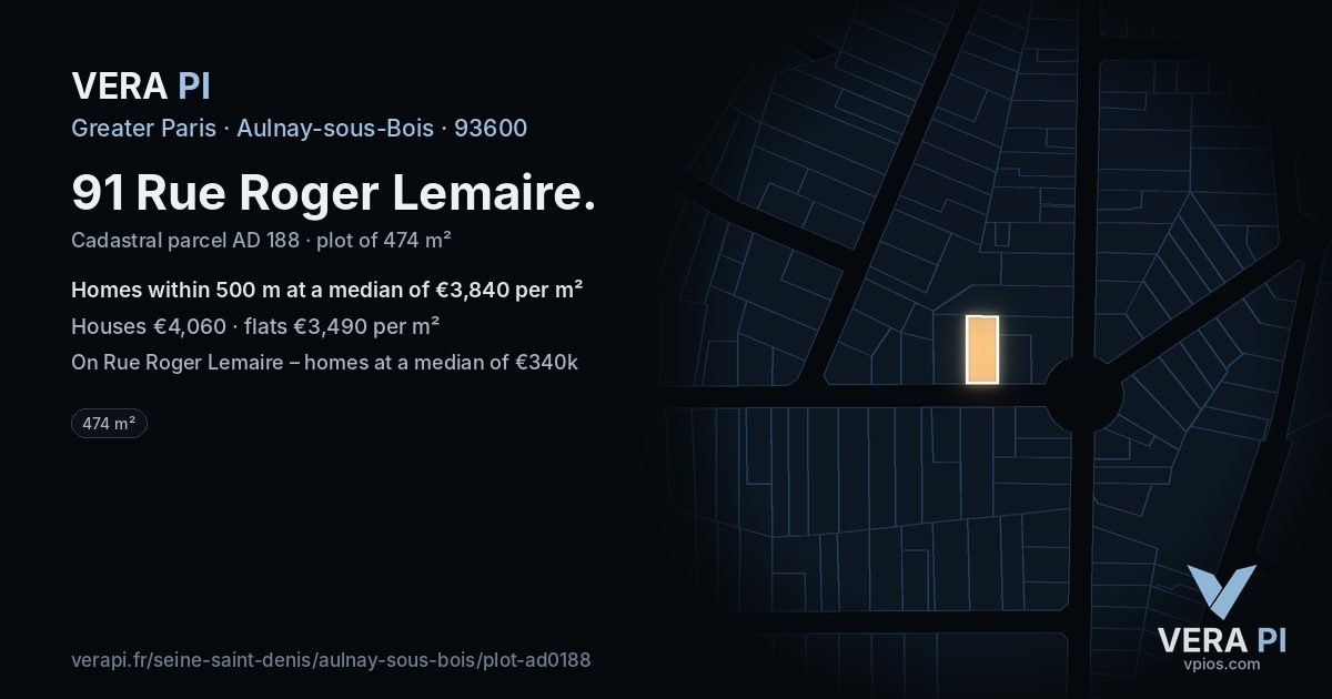 91 Rue Roger Lemaire, Aulnay-sous-Bois at night – the plot lit, the parcels around coloured by the prices near them