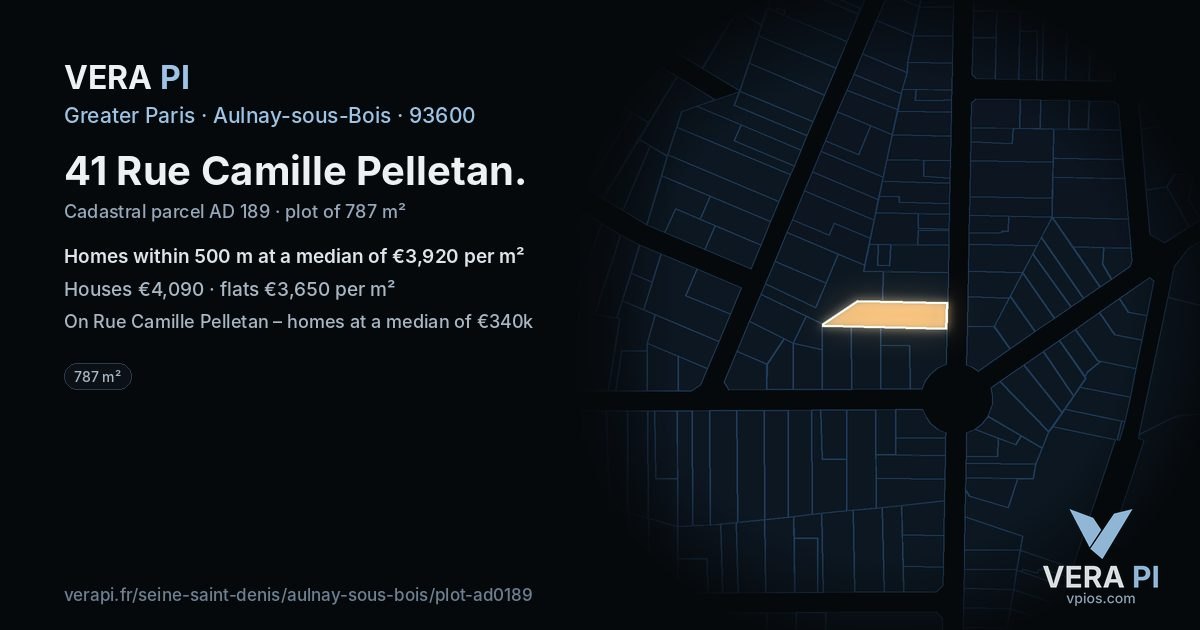 41 Rue Camille Pelletan, Aulnay-sous-Bois at night – the plot lit, the parcels around coloured by the prices near them