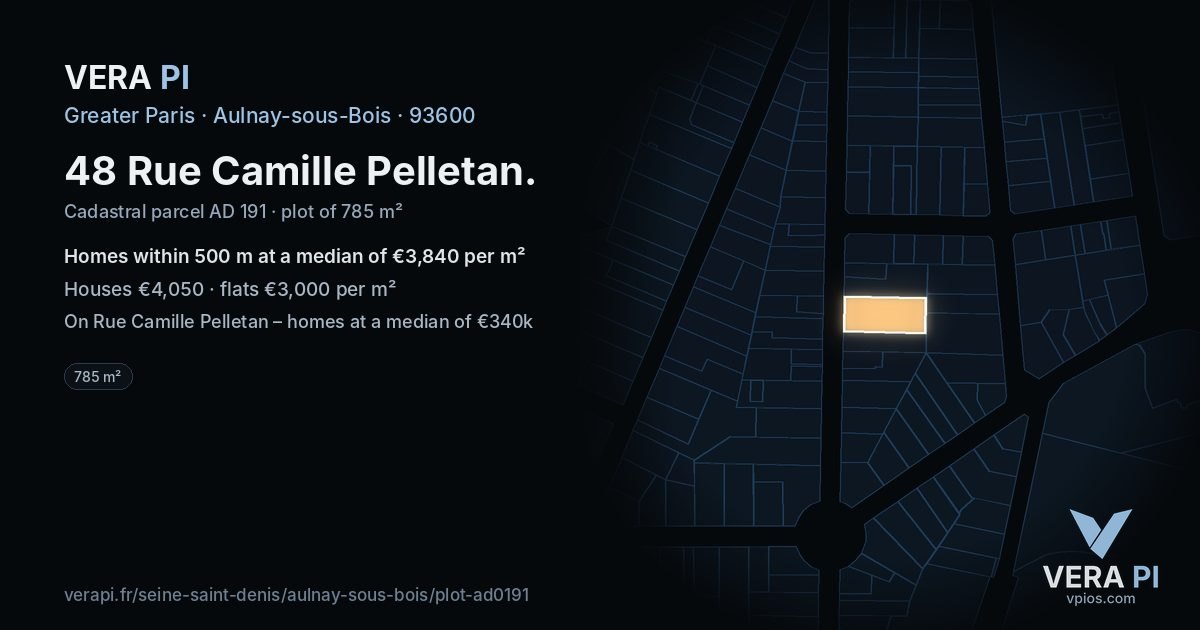 48 Rue Camille Pelletan, Aulnay-sous-Bois at night – the plot lit, the parcels around coloured by the prices near them