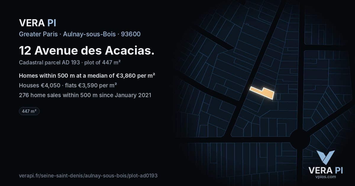 12 Avenue des Acacias, Aulnay-sous-Bois at night – the plot lit, the parcels around coloured by the prices near them