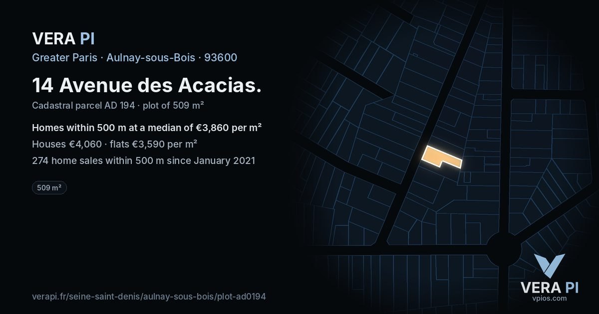 14 Avenue des Acacias, Aulnay-sous-Bois at night – the plot lit, the parcels around coloured by the prices near them