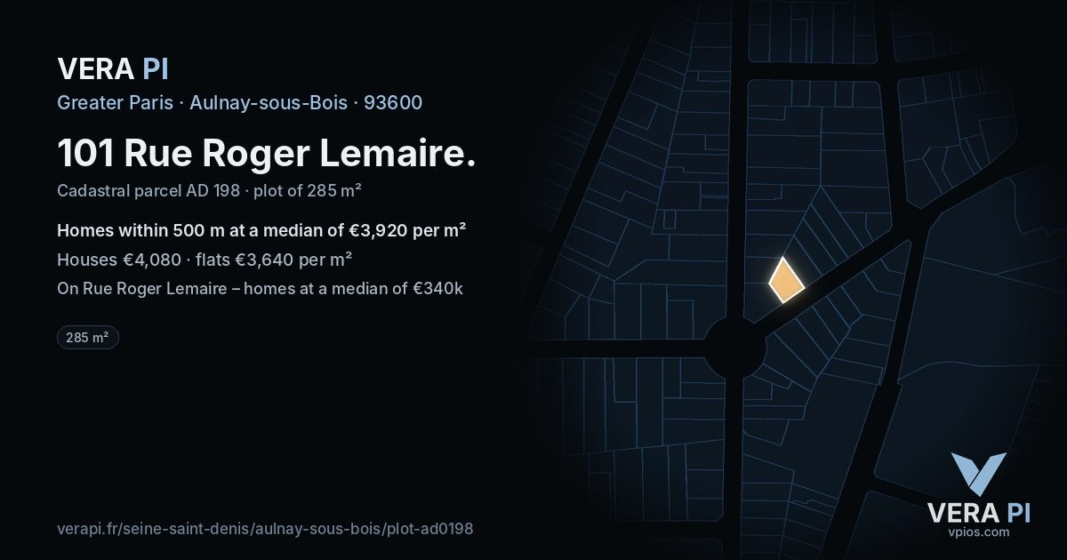 101 Rue Roger Lemaire, Aulnay-sous-Bois at night – the plot lit, the parcels around coloured by the prices near them