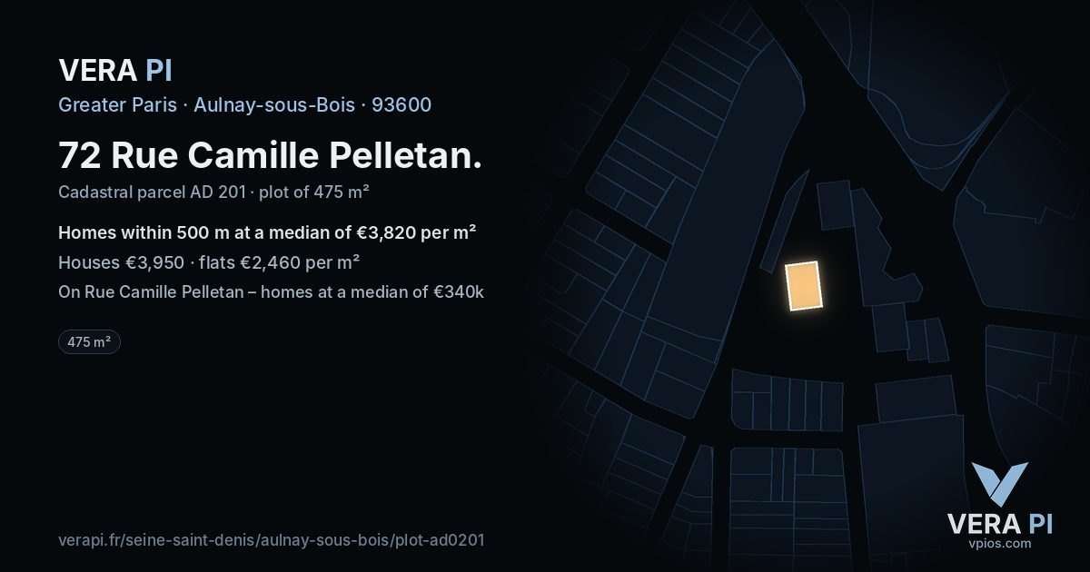 72 Rue Camille Pelletan, Aulnay-sous-Bois at night – the plot lit, the parcels around coloured by the prices near them