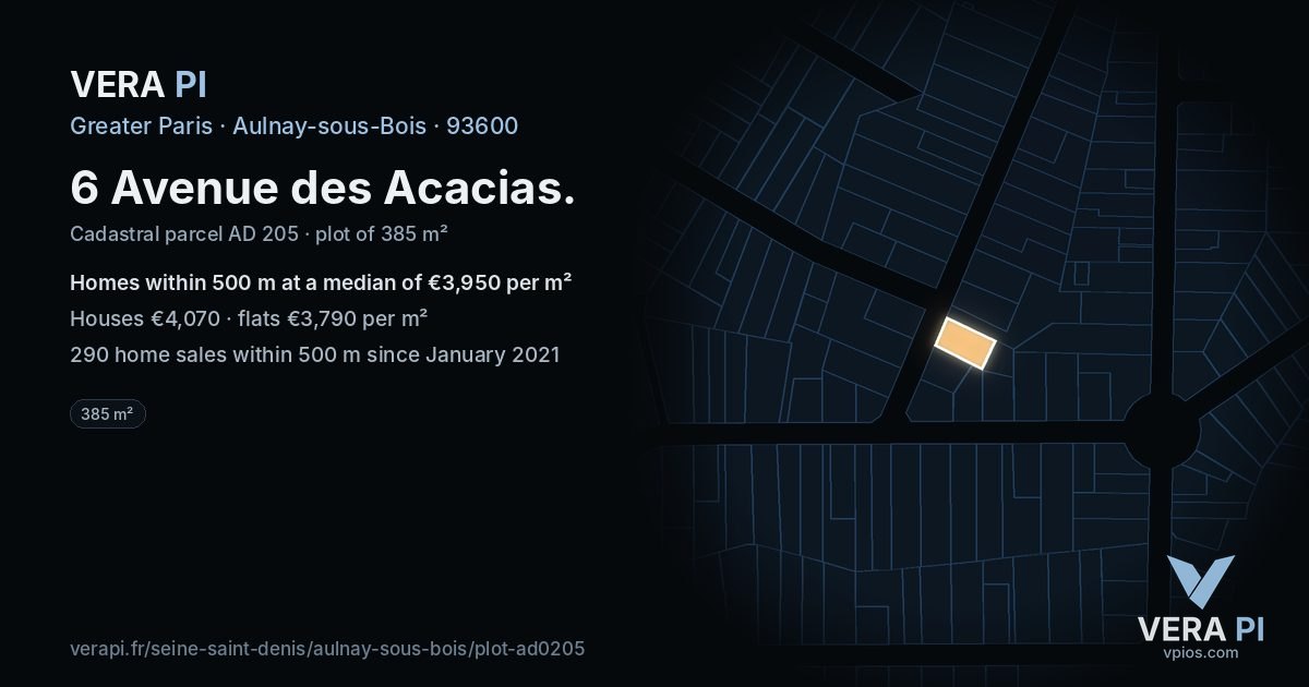6 Avenue des Acacias, Aulnay-sous-Bois at night – the plot lit, the parcels around coloured by the prices near them