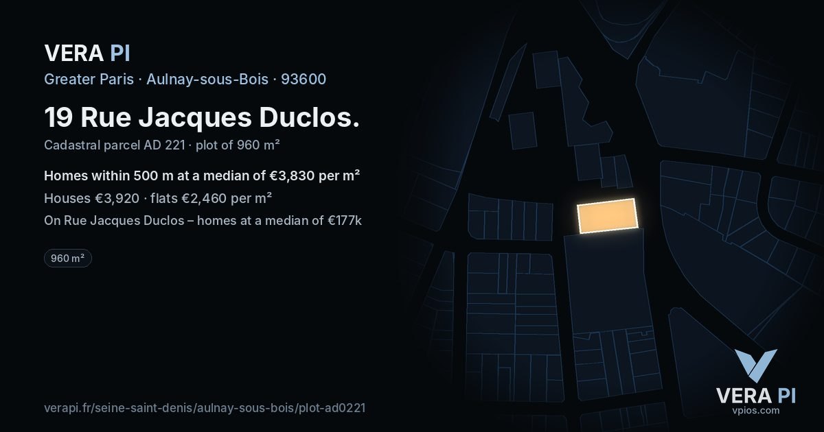 19 Rue Jacques Duclos, Aulnay-sous-Bois at night – the plot lit, the parcels around coloured by the prices near them