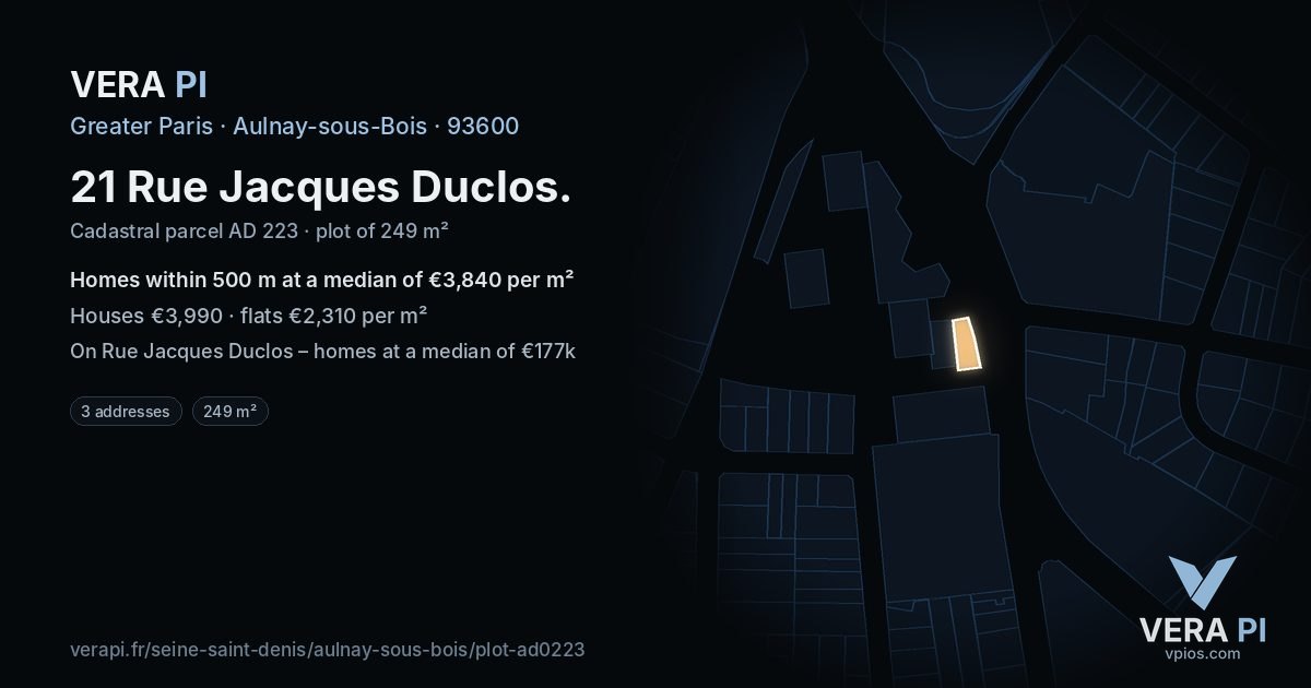 21 Rue Jacques Duclos, Aulnay-sous-Bois at night – the plot lit, the parcels around coloured by the prices near them