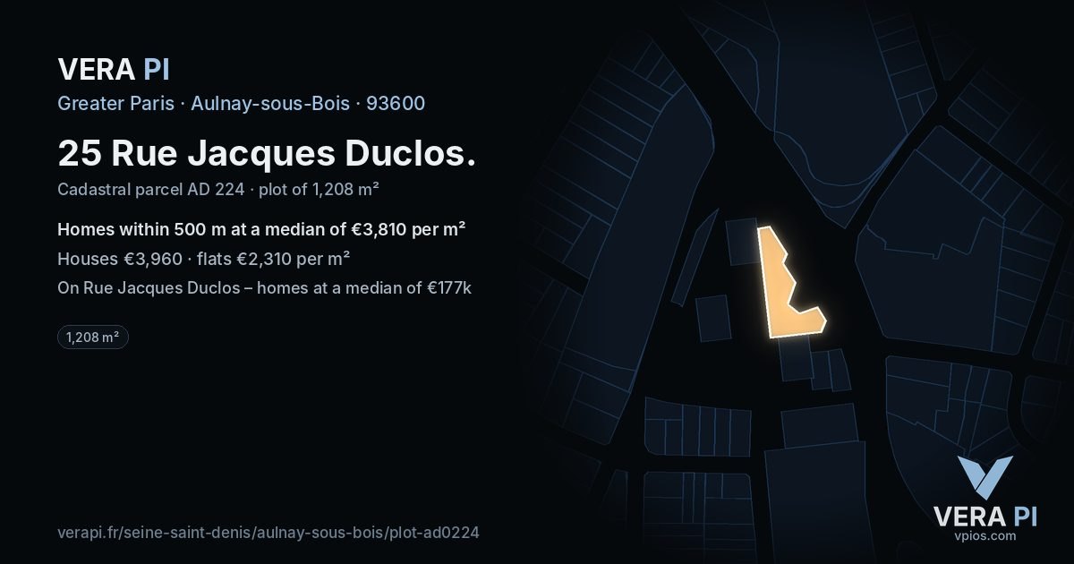 25 Rue Jacques Duclos, Aulnay-sous-Bois at night – the plot lit, the parcels around coloured by the prices near them