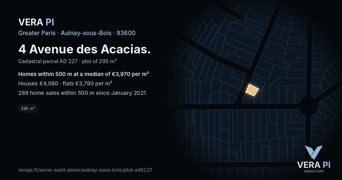 4 Avenue des Acacias, Aulnay-sous-Bois at night – the plot lit, the parcels around coloured by the prices near them