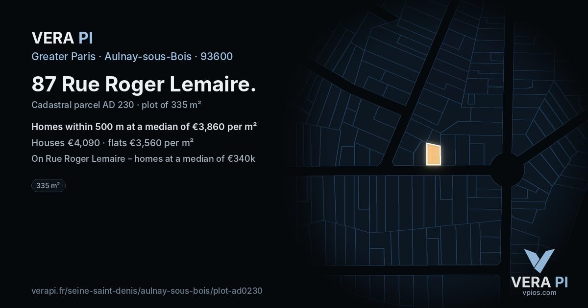 87 Rue Roger Lemaire, Aulnay-sous-Bois at night – the plot lit, the parcels around coloured by the prices near them