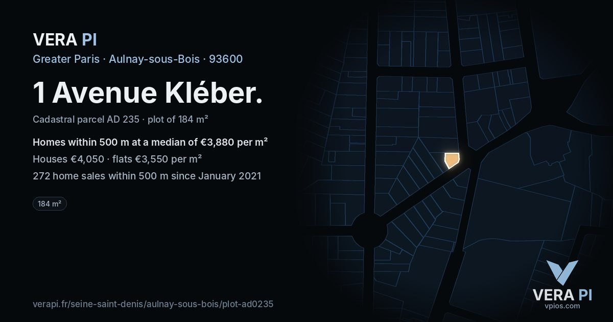 1 Avenue Kléber, Aulnay-sous-Bois at night – the plot lit, the parcels around coloured by the prices near them