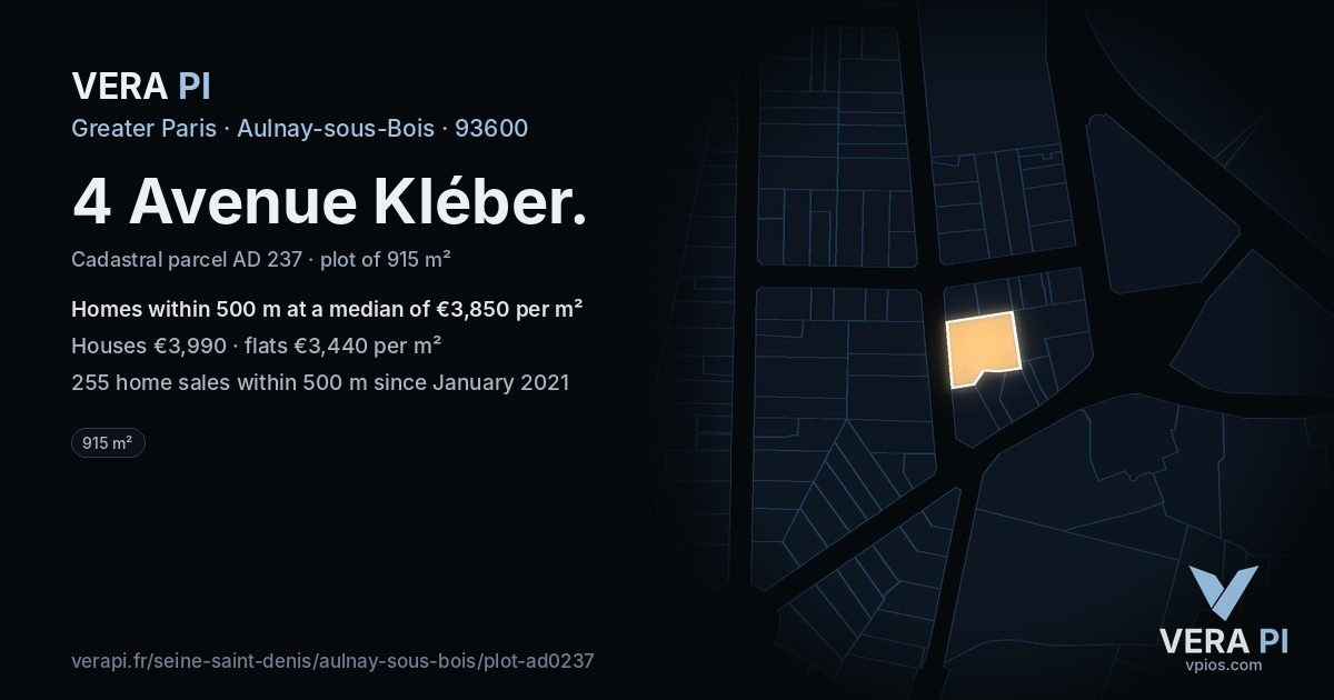 4 Avenue Kléber, Aulnay-sous-Bois at night – the plot lit, the parcels around coloured by the prices near them