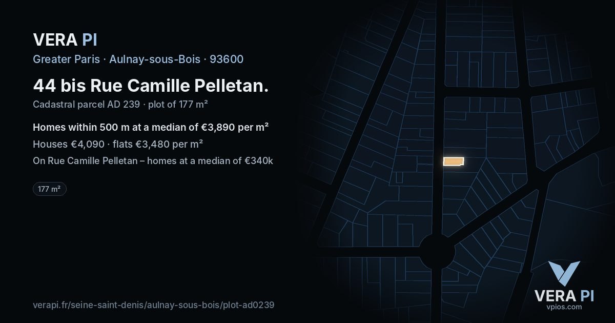 44 bis Rue Camille Pelletan, Aulnay-sous-Bois at night – the plot lit, the parcels around coloured by the prices near them