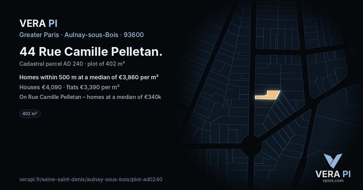 44 Rue Camille Pelletan, Aulnay-sous-Bois at night – the plot lit, the parcels around coloured by the prices near them