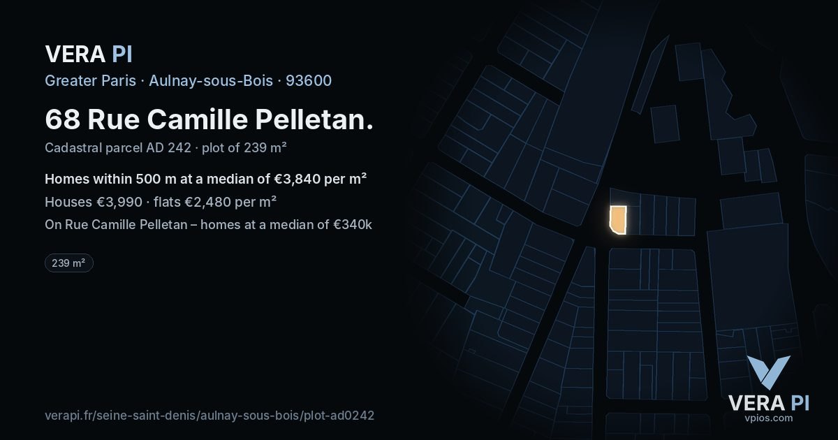 68 Rue Camille Pelletan, Aulnay-sous-Bois at night – the plot lit, the parcels around coloured by the prices near them