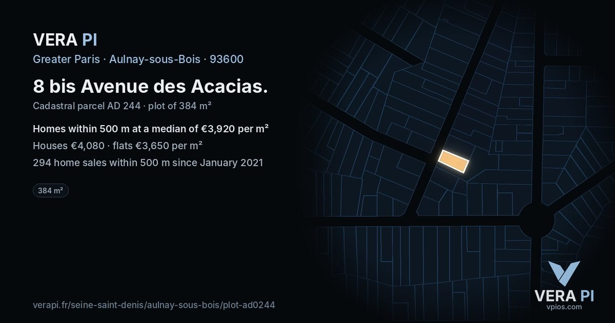 8 bis Avenue des Acacias, Aulnay-sous-Bois at night – the plot lit, the parcels around coloured by the prices near them