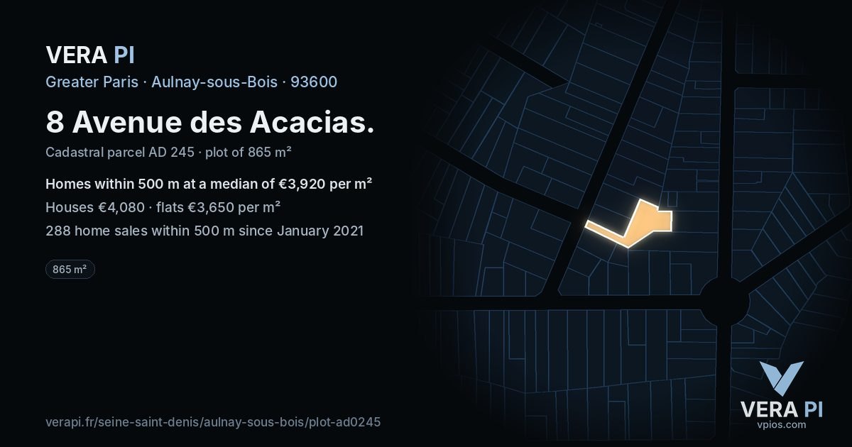 8 Avenue des Acacias, Aulnay-sous-Bois at night – the plot lit, the parcels around coloured by the prices near them
