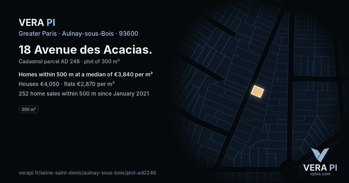 18 Avenue des Acacias, Aulnay-sous-Bois at night – the plot lit, the parcels around coloured by the prices near them