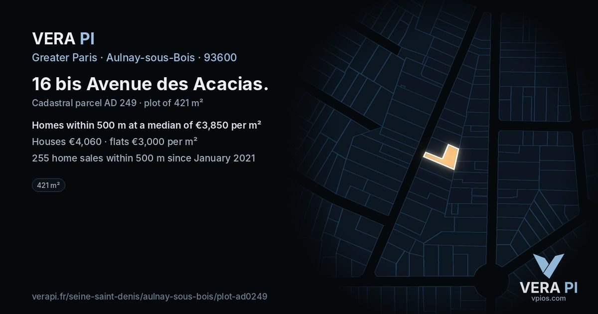 16 bis Avenue des Acacias, Aulnay-sous-Bois at night – the plot lit, the parcels around coloured by the prices near them