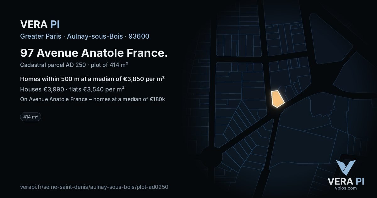 97 Avenue Anatole France, Aulnay-sous-Bois at night – the plot lit, the parcels around coloured by the prices near them