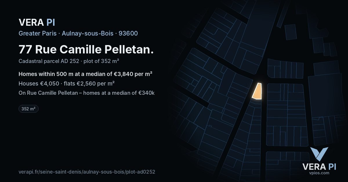 77 Rue Camille Pelletan, Aulnay-sous-Bois at night – the plot lit, the parcels around coloured by the prices near them