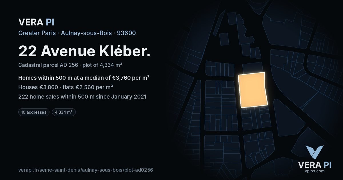 22 Avenue Kléber, Aulnay-sous-Bois at night – the plot lit, the parcels around coloured by the prices near them