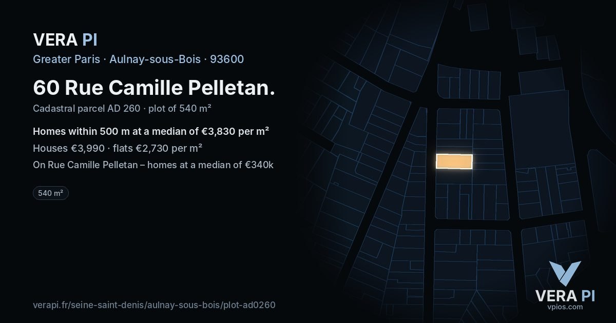 60 Rue Camille Pelletan, Aulnay-sous-Bois at night – the plot lit, the parcels around coloured by the prices near them