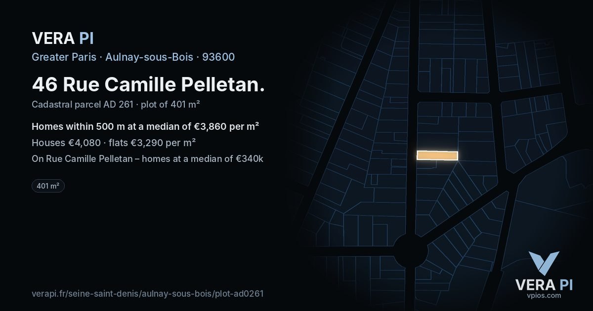 46 Rue Camille Pelletan, Aulnay-sous-Bois at night – the plot lit, the parcels around coloured by the prices near them