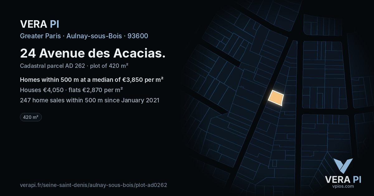 24 Avenue des Acacias, Aulnay-sous-Bois at night – the plot lit, the parcels around coloured by the prices near them