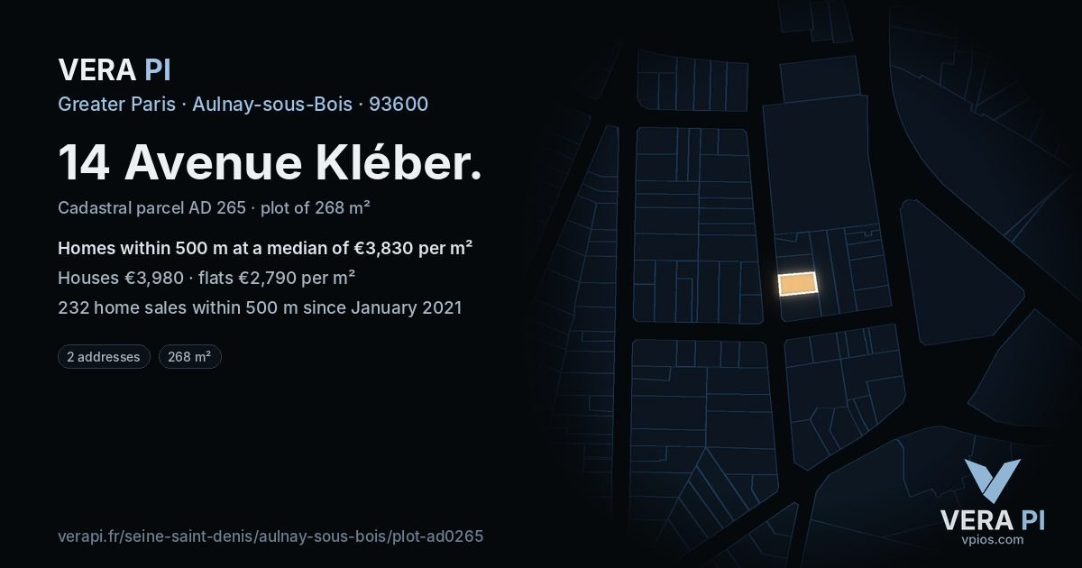 14 Avenue Kléber, Aulnay-sous-Bois at night – the plot lit, the parcels around coloured by the prices near them