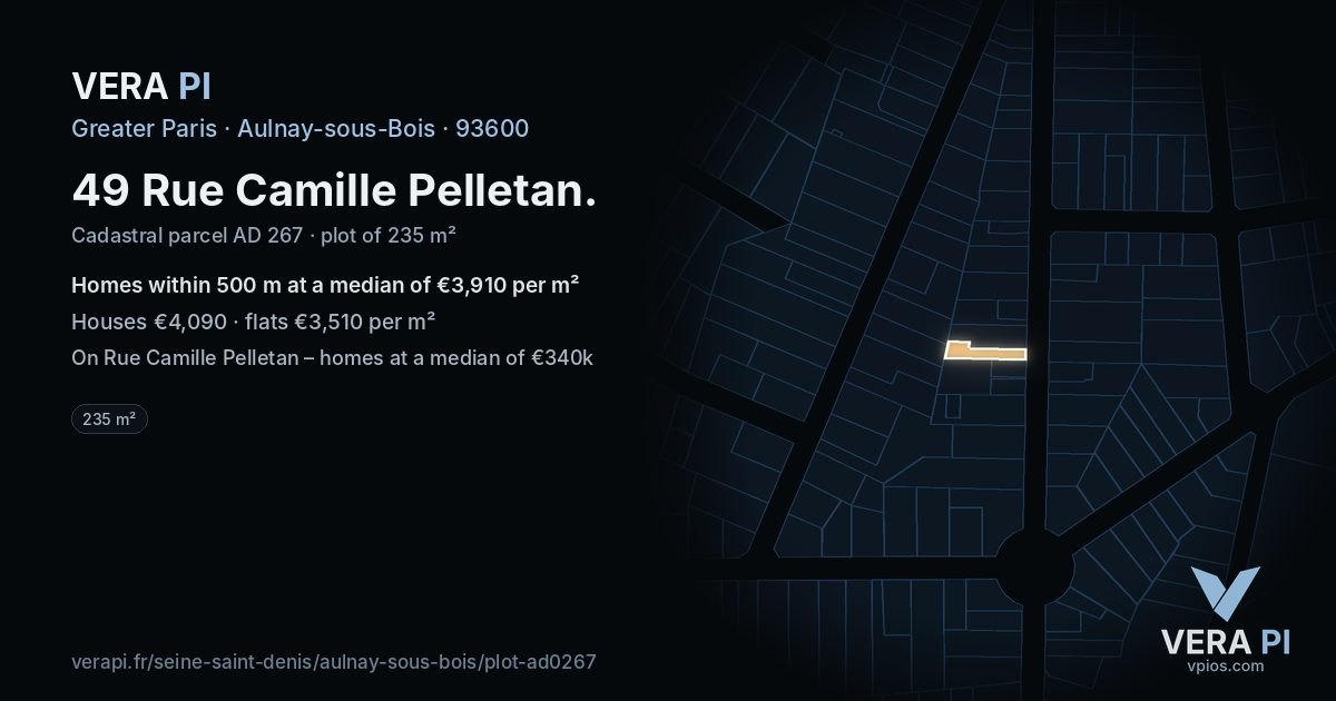 49 Rue Camille Pelletan, Aulnay-sous-Bois at night – the plot lit, the parcels around coloured by the prices near them