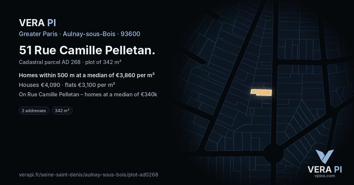 51 Rue Camille Pelletan, Aulnay-sous-Bois at night – the plot lit, the parcels around coloured by the prices near them