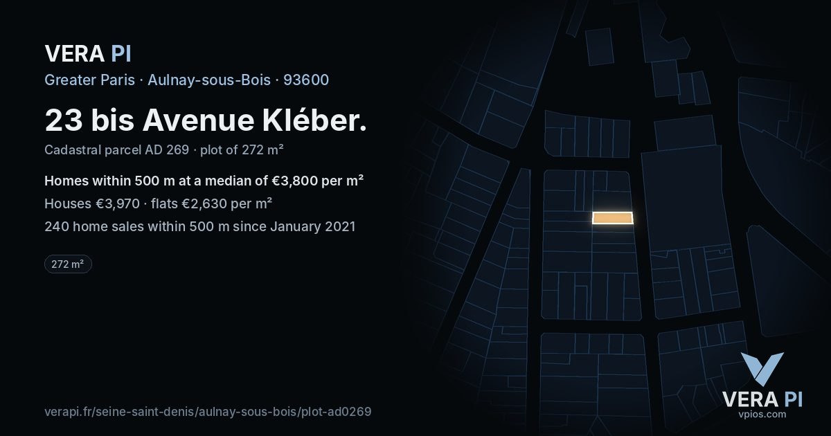 23 bis Avenue Kléber, Aulnay-sous-Bois at night – the plot lit, the parcels around coloured by the prices near them