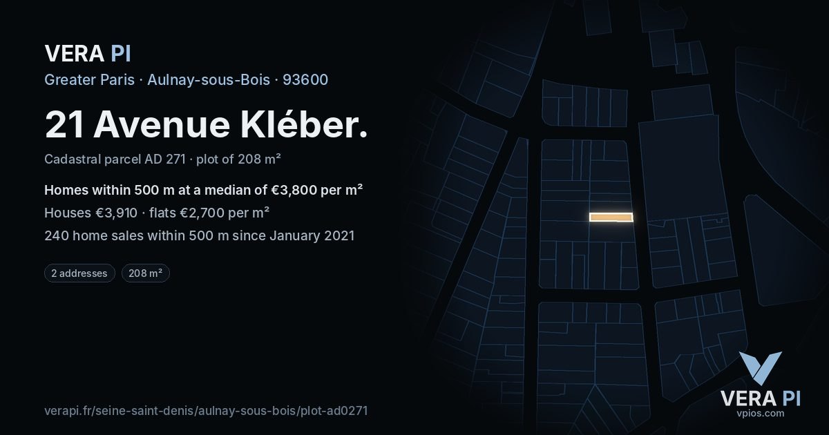 21 Avenue Kléber, Aulnay-sous-Bois at night – the plot lit, the parcels around coloured by the prices near them