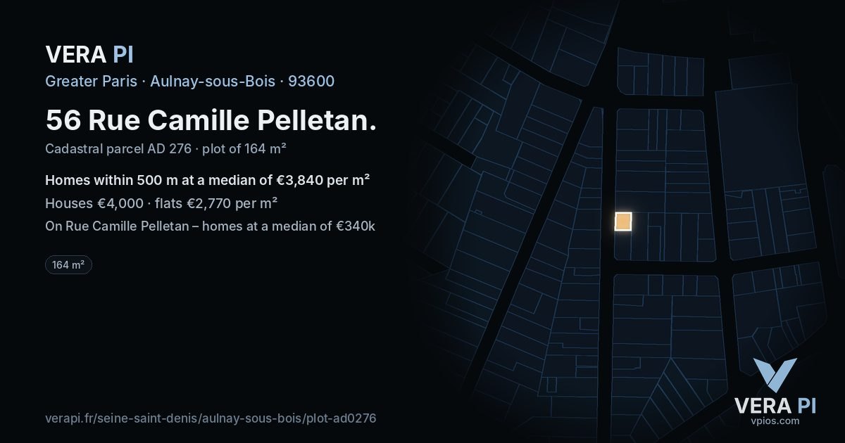 56 Rue Camille Pelletan, Aulnay-sous-Bois at night – the plot lit, the parcels around coloured by the prices near them