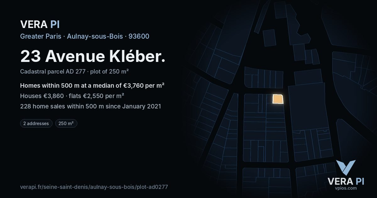 23 Avenue Kléber, Aulnay-sous-Bois at night – the plot lit, the parcels around coloured by the prices near them